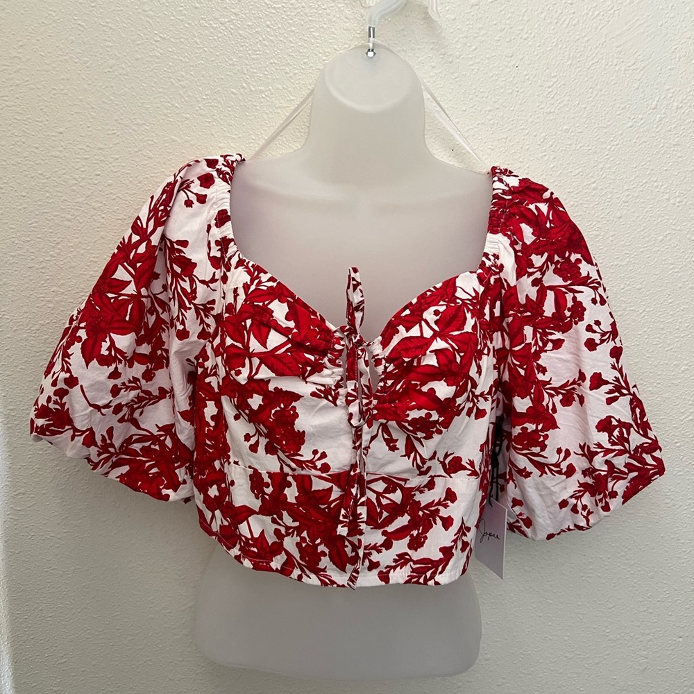 Japna Red and White Ruched Flutter Sleeve Blouse